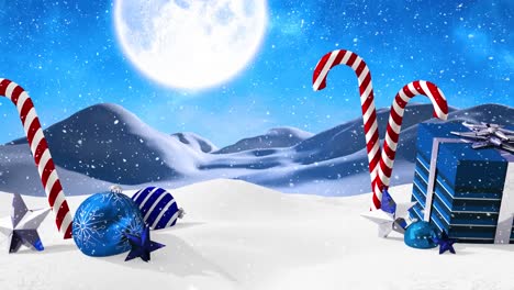 Digitale-Animation-Von-Schnee,-Der-über-Die-Weihnachtssüßigkeitsdose-Fällt