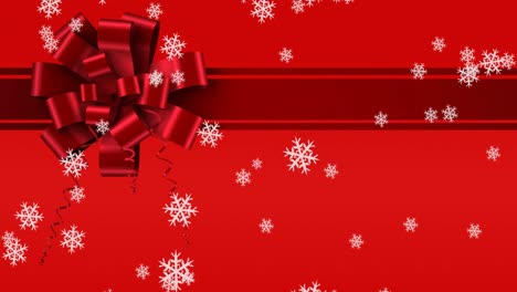 Digital-animation-of-snowflakes-falling-against-ribbon-bow-on-red-background