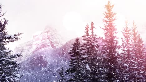 Digitale-Animation-Von-Lichtflecken-Vor-Schnee,-Der-Auf-Eine-Winterlandschaft-Fällt