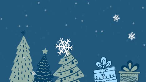 Animation-Von-Weihnachtsbäumen-Und-Geschenken-Mit-Schneeflocken,-Die-Auf-Blauen-Hintergrund-Fallen