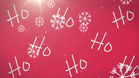 Animation-of-ho-ho-ho-text-with-snow-falling-on-glowing-red-background