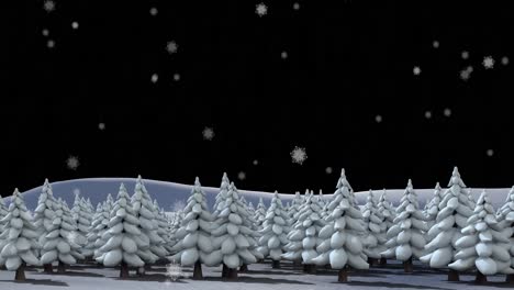 Digital-animation-of-snow-falling-over-multiple-trees-on-winter-landscape-against-black-background