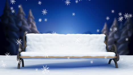 Digital-animation-of-snowflakes-falling-over-bench-on-winter-landscape