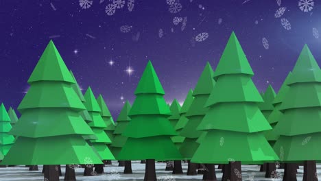 Animation-of-christmas-winter-scenery-with-snow-falling-and-green-fir-trees-on-blue-background