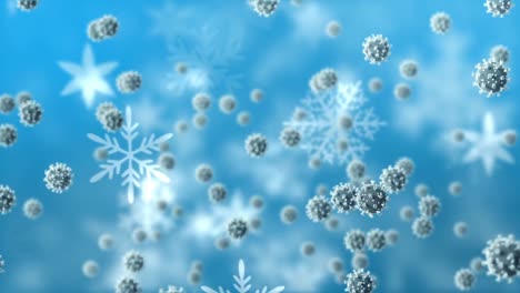 Animation-of-covid-19-cells-moving-over-winter-scenery-with-snow-falling-on-blue-background