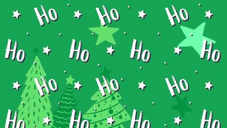 Animation-of-ho-ho-ho-text-with-stars-and-christmas-trees-on-green-background