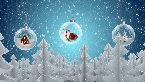 Digital-animation-of-house,-christmas-gifts-and-christmas-tree-in-christmas-glass-decoration