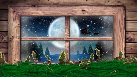 Digital-animation-of-christmas-decorations-and-wooden-window-frame-against-black-silhouette-of-santa