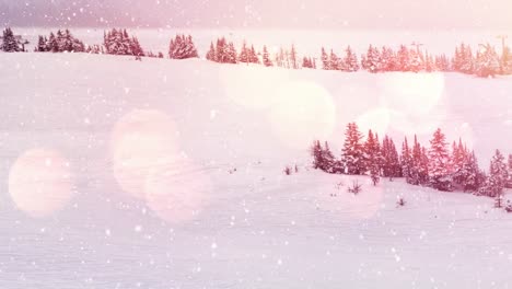 Digitale-Animation-Von-Lichtflecken-Vor-Schnee,-Der-Auf-Eine-Winterlandschaft-Fällt