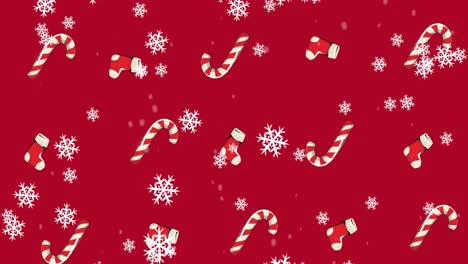 Animation-Von-Zuckerstangen-Und-Weihnachtsstrümpfen-Mit-Schnee,-Der-Auf-Roten-Hintergrund-Fällt