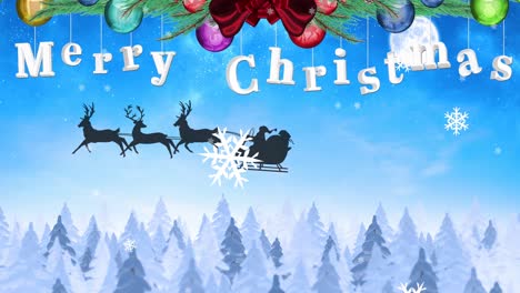 Animation-of-merry-christmas-text-with-decorations-and-black-silhouette-of-santa-claus-in-sleigh