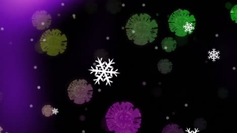 Animation-Von-Covid-19-Zellen,-Die-Sich-über-Eine-Winterlandschaft-Bewegen,-Wobei-Schnee-Mit-Violettem-Schimmer-Fällt