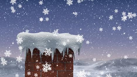 Digitale-Animation-Von-Schneeflocken,-Die-über-Eine-Ziegelwand-In-Einer-Winterlandschaft-Fallen
