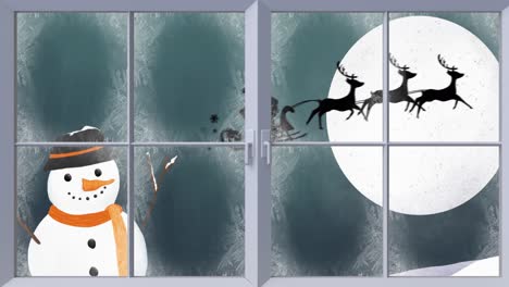 Animation-of-snowman,-silhouette-of-santa-claus-in-sleigh-being-pulled-by-reindeer-and-winter-christ