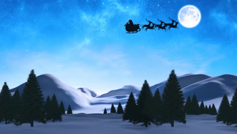 Digital-animation-of-black-silhouette-of-santa-claus-in-sleigh-being-pulled-by-reindeers-over-winter