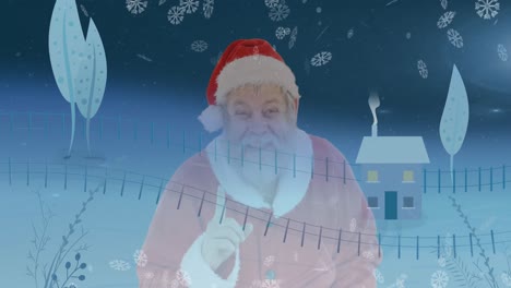 Animation-of-santa-claus-with-winter-scenery-and-snow-falling-in-the-background