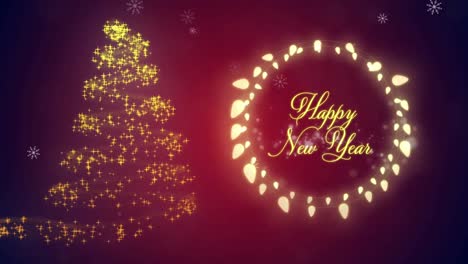 Digitale-Animation-Von-Schneeflocken,-Die-über-Den-Text-„Frohes-Neues-Jahr“-Und-Lichterketten-Fallen