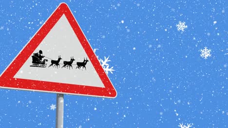 Digital-animation-of-snow-flakes-falling-over-black-silhouette-of-santa-claus-in-sleigh-being-pulled