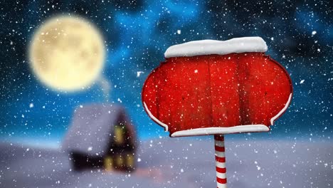 Digital-animation-of-snow-falling-over-red-wooden-sign-post-on-winter-landscape-against-moon-in-nigh