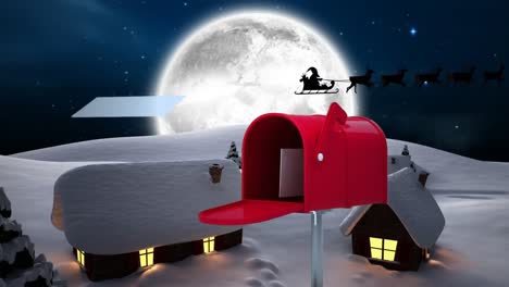 Digital-animation-of-multiple-envelopes-flying-put-of-red-mail-box-on-winter-landscape-against-black