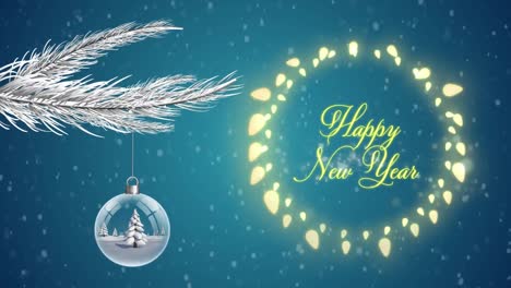 Animation-of-happy-new-year-text-with-fairy-lights-frame-with-bauble-hanging-from-christmas-tree