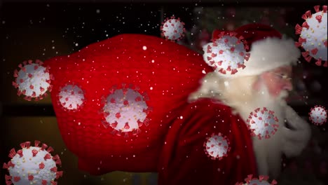 Animation-Von-Covid-19-Zellen,-Die-Sich-über-Den-Weihnachtsmann-Bewegen,-Der-Im-Hintergrund-Einen-Roten-Sack-Trägt