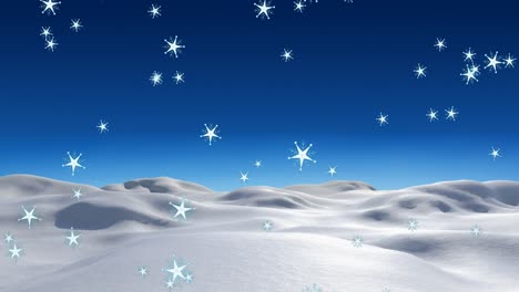 Digitale-Animation-Mehrerer-Sterne,-Die-Vor-Blauem-Hintergrund-Auf-Eine-Winterlandschaft-Fallen