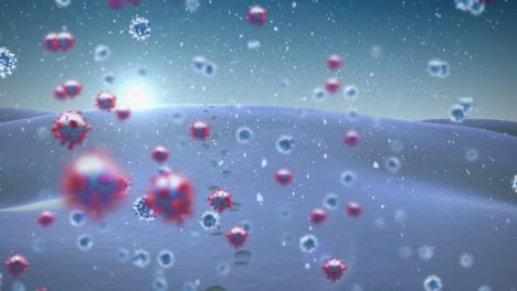 Animation-of-covid-19-cells-moving-over-winter-scenery-and-snow-falling-in-the-background