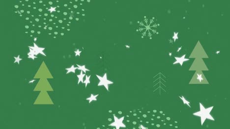 Animation-of-christmas-trees-and-white-stars-falling-on-green-background