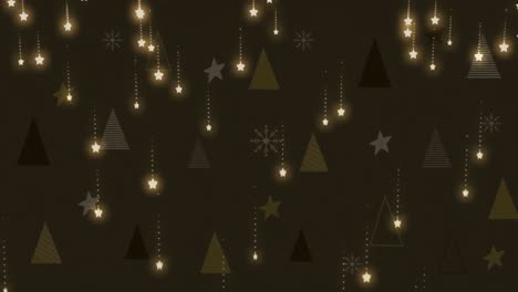 Animation-of-christmas-trees-and-multiple-glowing-light-trails-falling-on-brown-background