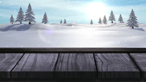 Animation-of-winter-scenery-with-snow-falling-and-wooden-surface-in-the-foreground