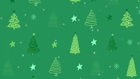 Animation-of-christmas-trees-and-stars-twinkling-with-snow-falling-on-green-background