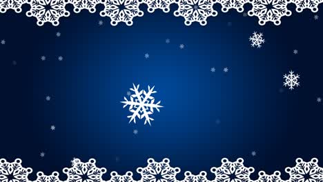 Animation-of-white-christmas-decoration-and-snowflakes-falling-on-blue-background