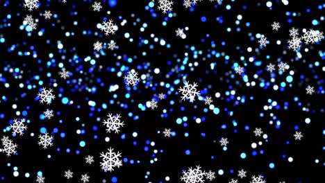 Animation-of-snowflakes-falling-with-blue-spots-on-black-background