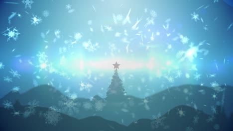 Animation-Des-Weihnachtsbaums-über-Schneeflocken,-Die-Auf-Blauen-Hintergrund-Fallen