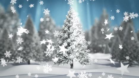 Animation-of-snowflakes-falling-over-winter-scenery-with-fir-trees