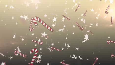Animation-Von-Weihnachtszuckerstangen-Und-Sternen,-Die-Auf-Grauen-Hintergrund-Fallen
