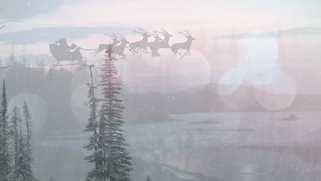 Animation-of-santa-claus-in-sleigh-over-winter-scenery-with-fir-trees