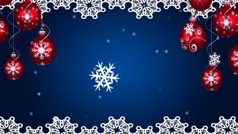 Animation-of-christmas-red-baubles-and-white-decoration-and-snow-falling-on-blue-background