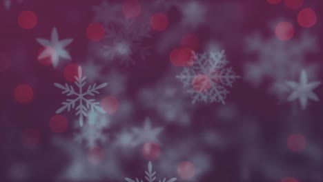 Animation-of-snowflakes-falling-and-red-fairy-lights-on-purple-background