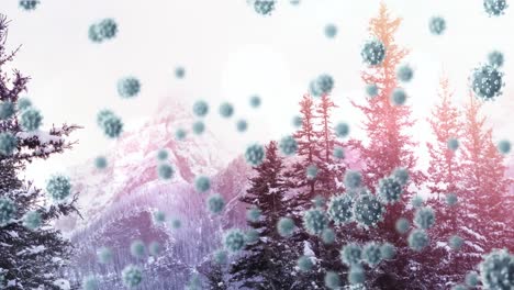 Animation-of-multiple-covid-19-cells-floating-against-winter-scenery