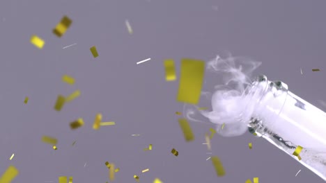 Animation-of-gold-confetti-with-champagne-being-open-on-grey-background
