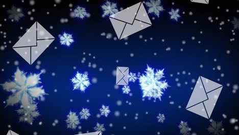 Animation-of-envelopes-and-snow-falling-on-blue-background
