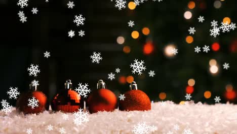 Animation-of-red-christmas-baubles-decorations-with-snow-falling