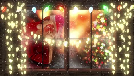 Animation-of-santa-claus-seen-through-window-with-fairy-lights