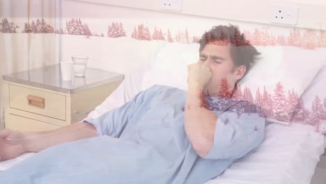 Animation-of-man-coughing-in-hospital-bed-against-winter-scenery