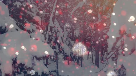 Animation-of-christmas-flickering-lights-over-winter-scenery-with-fir-trees