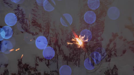 Animation-of-sparkler,-spots-of-light-over-winter-scenery-with-fir-trees