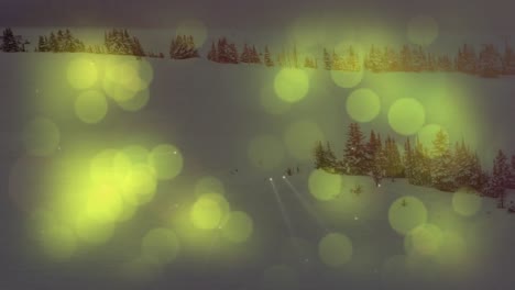 Animation-Mehrerer-Grüner-Lichtpunkte-über-Einer-Winterlandschaft-Mit-Tannen