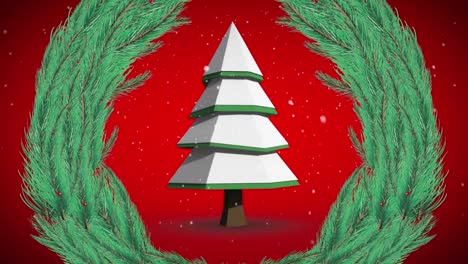 Animation-of-christmas-tree-and-wreath-with-snow-falling-on-red-background